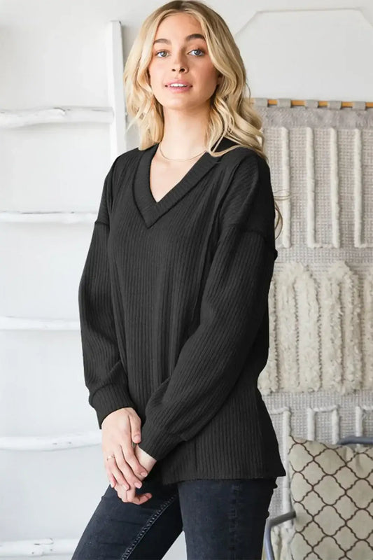 Charcoal Heimish Full Size Ribbed V-Neck Exposed Seam Top with long sleeves and relaxed fit