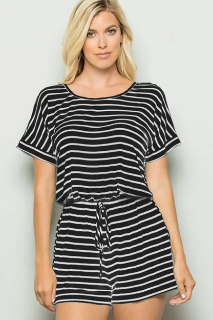 Women’s black and white striped round neck short sleeve romper with drawstring waist