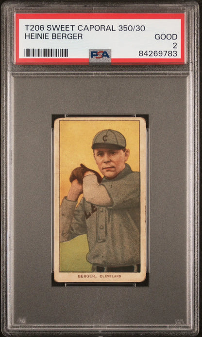 Heinie Berger 1909-11 T206 Sweet Caporal baseball card in a throwing pose, PSA 2 Good