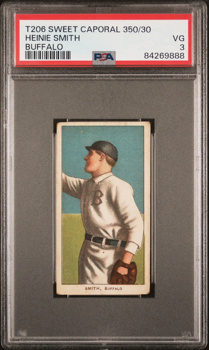 Heinie Smith 1909-11 T206 Sweet Caporal baseball card in white uniform PSA 3 Very Good