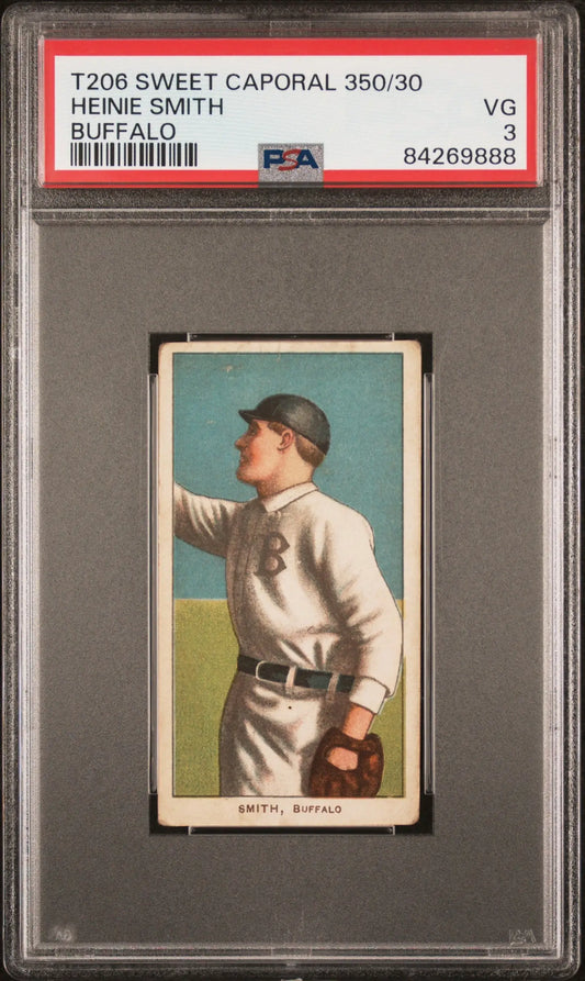Heinie Smith 1909-11 T206 Sweet Caporal baseball card in white uniform PSA 3 Very Good