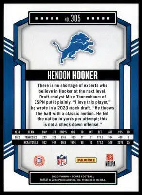 Hendon Hooker football card from 2023 Score Rookie Series for Detroit Lions