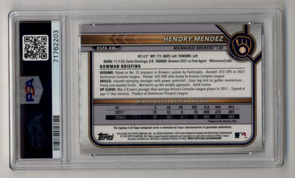 Hendry Mendez 2022 Bowman Chrome Prospects Red Refractor Auto 2/5 PSA 8 Near Mint- Mint Auto 10 - Singles