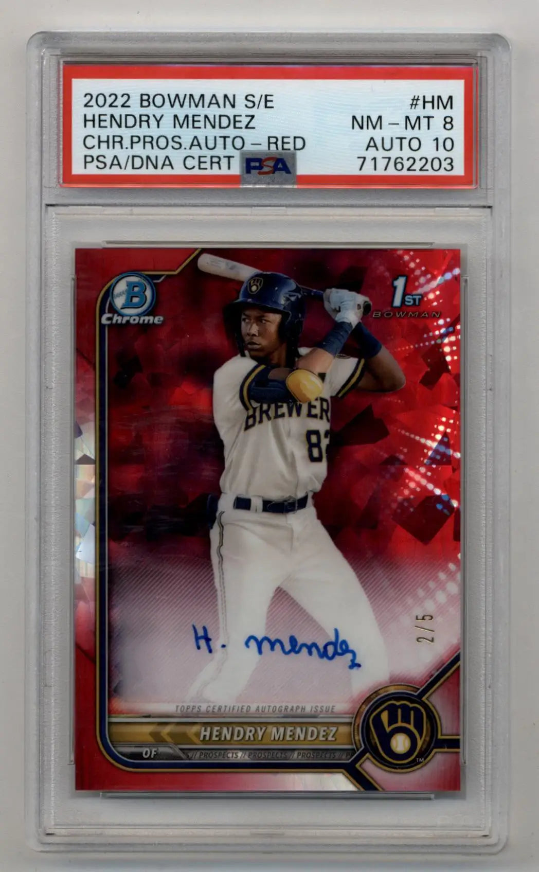 Hendry Mendez 2022 Bowman Chrome Prospects Red Refractor Auto 2/5 PSA 8 Near Mint- Mint Auto 10 - Singles