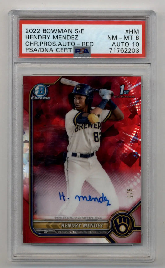 Hendry Mendez 2022 Bowman Chrome Prospects Red Refractor Auto 2/5 PSA 8 Near Mint- Mint Auto 10 - Singles