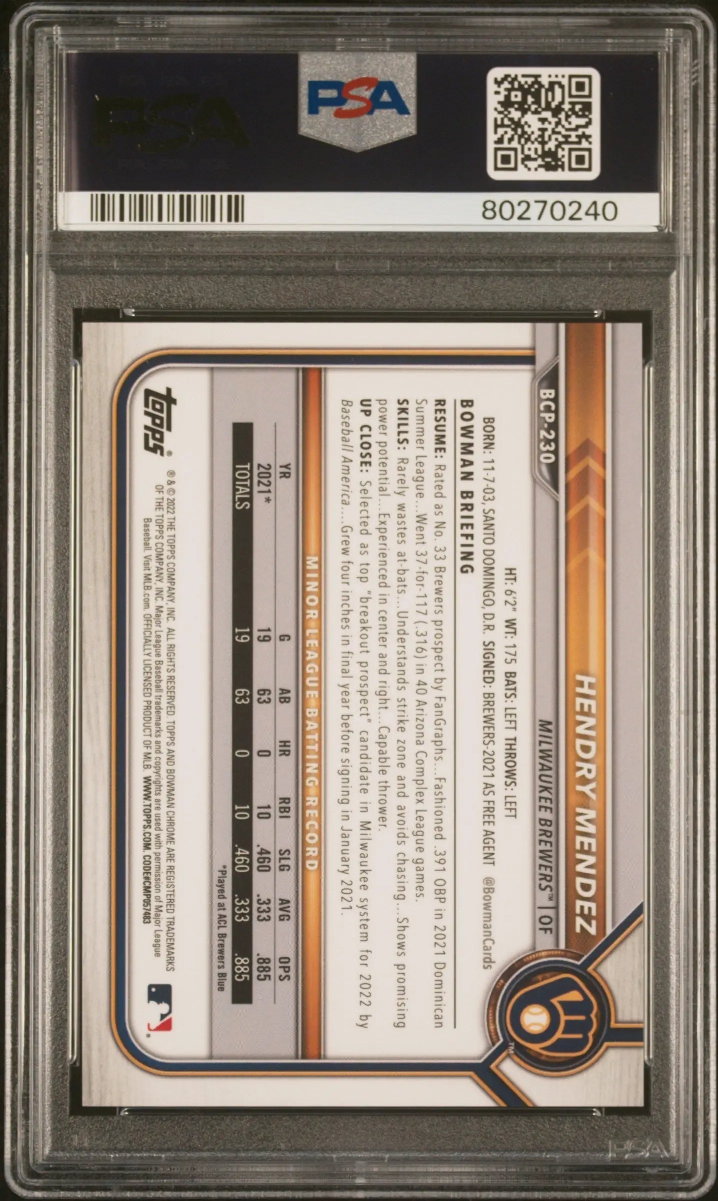 Hendry Mendez 2022 Bowman Chrome SApphire Padparadscha #1/1 PSA 9 Mint - Singles