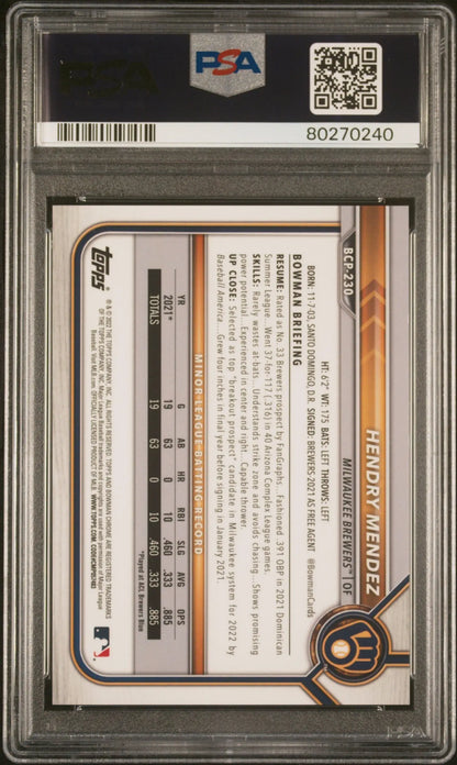 Hendry Mendez 2022 Bowman Chrome SApphire Padparadscha #1/1 PSA 9 Mint - Singles