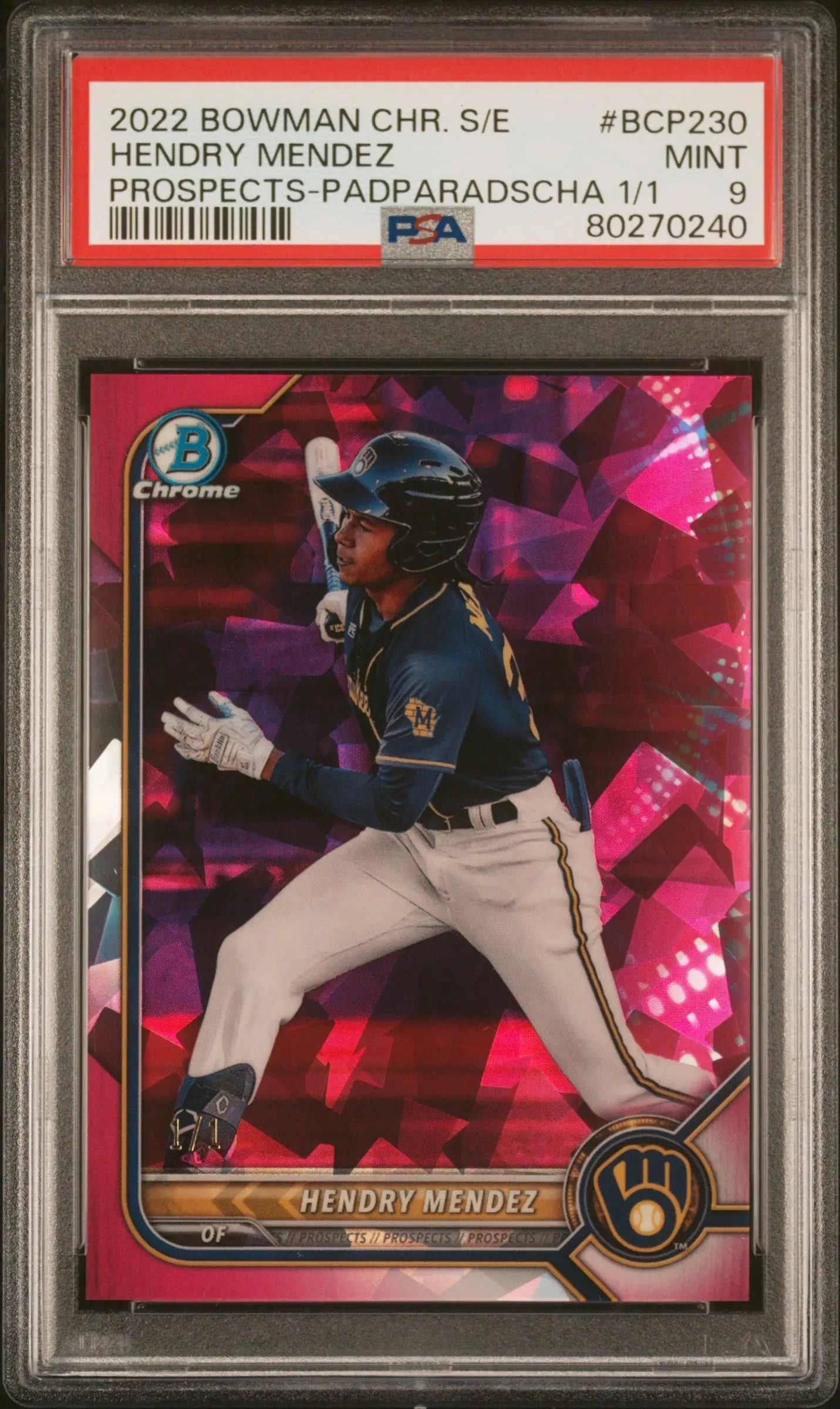 Hendry Mendez 2022 Bowman Chrome SApphire Padparadscha #1/1 PSA 9 Mint - Singles