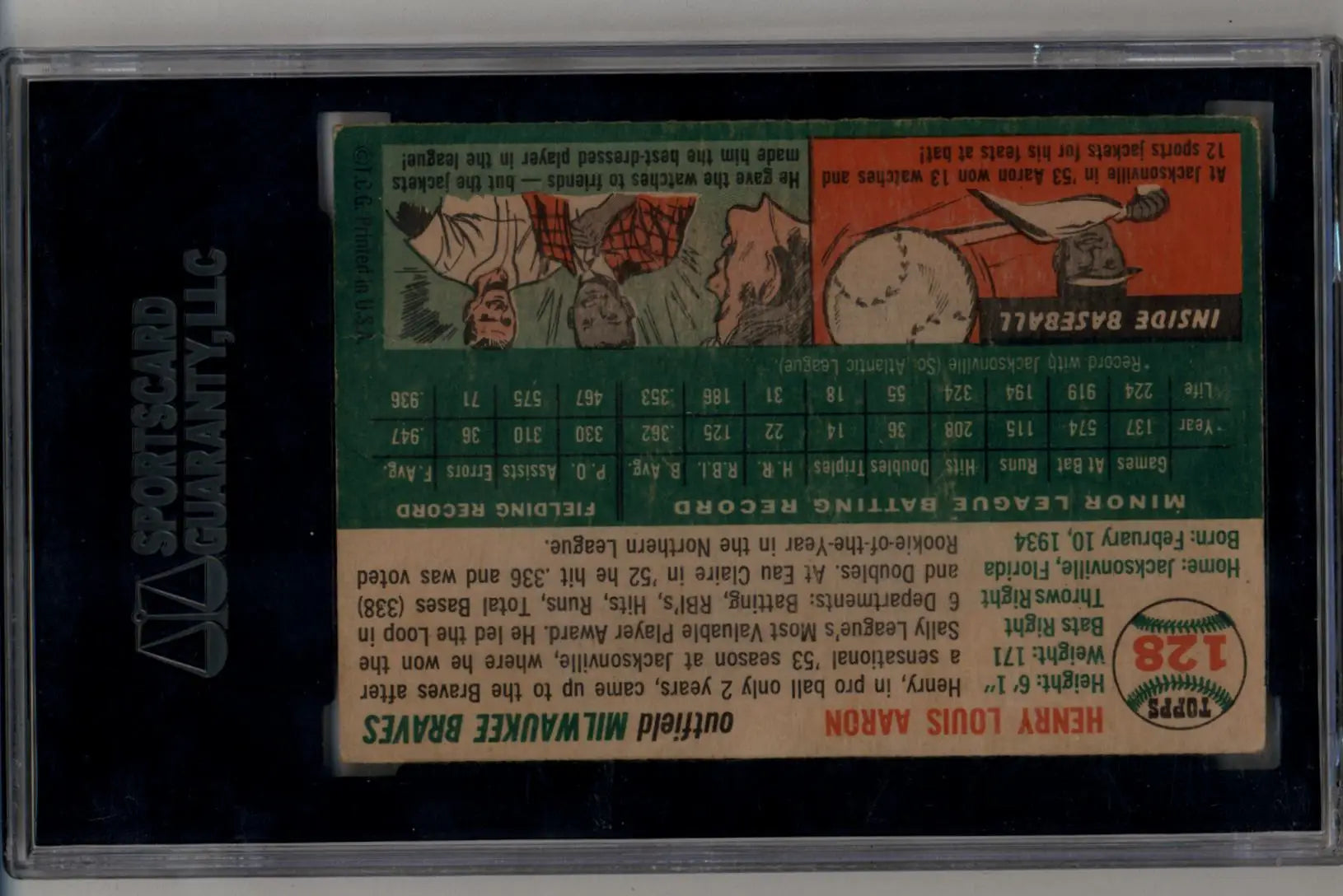 Back view of Henry Aaron 1954 Topps #128 Rookie SGC trading card with stats