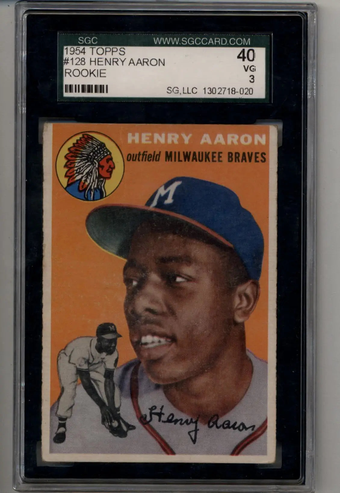 Graded Henry Aaron 1954 Topps #128 Rookie SGC 3 trading card in protective case