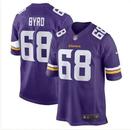 Purple Minnesota Vikings Nike Team Game Jersey with number 68 and Byrd on the back
