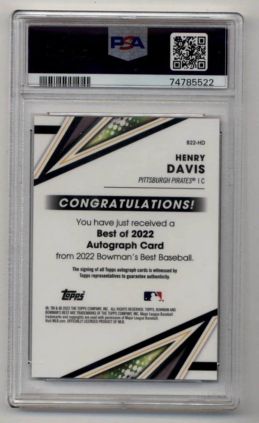 PSA-graded Henry Davis autographed baseball card with Red Auto from Bowman’s Best 2022