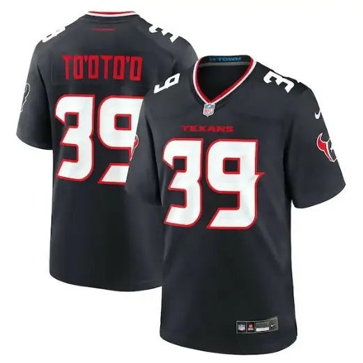 Dark gray Houston Texans Nike Game Jersey with white and red number 39 for Henry To Oto’o