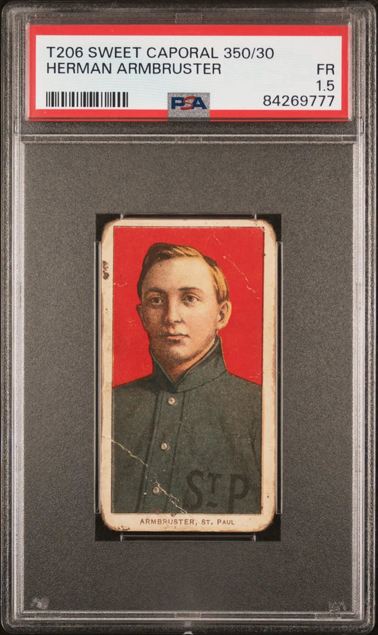PSA-graded T206 Sweet Caporal card of Herman Armbruster in dark uniform against red backdrop