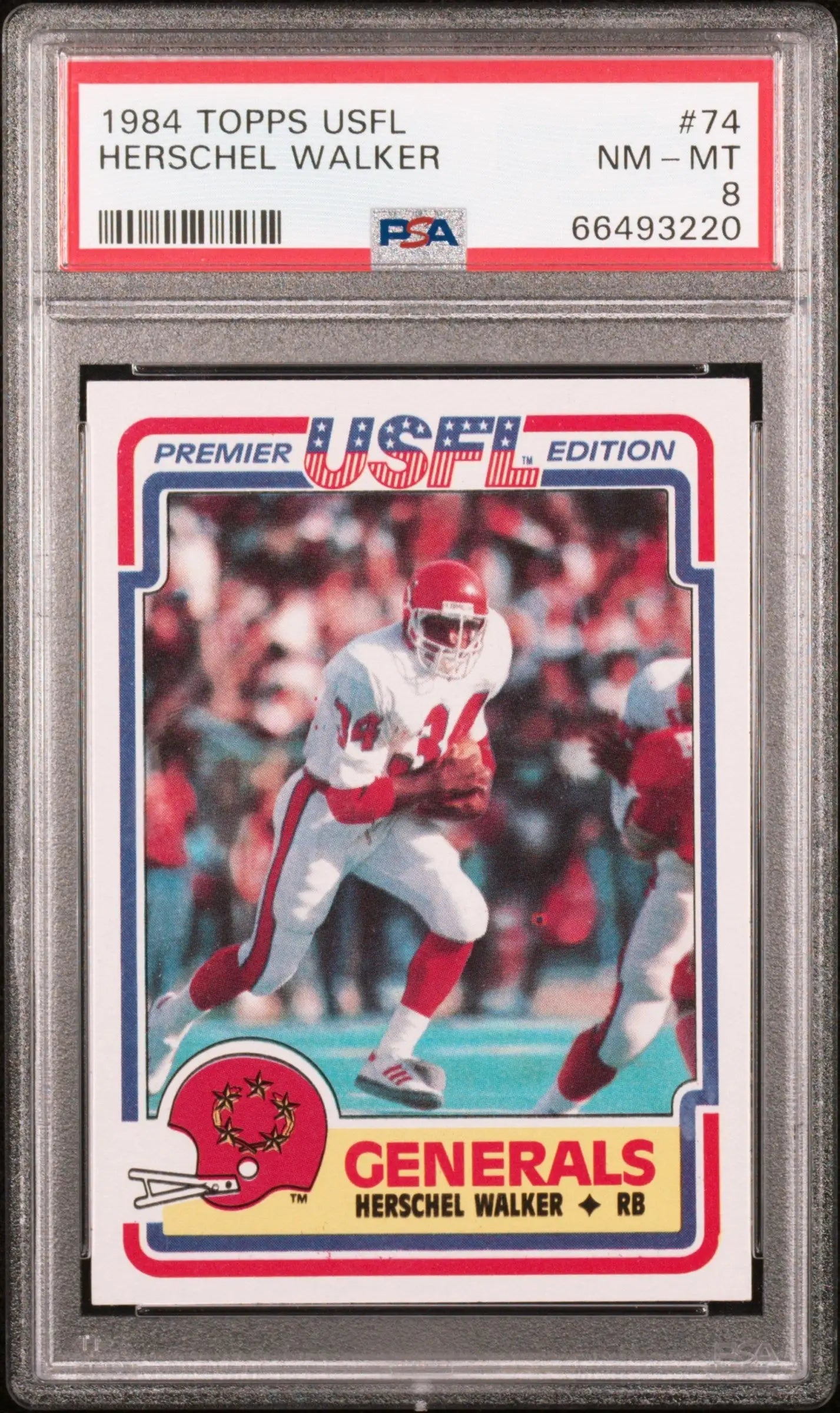 Herschel Walker 1984 Topps USFL #74 trading card PSA 8 Nm-Mint featuring New Jersey Generals