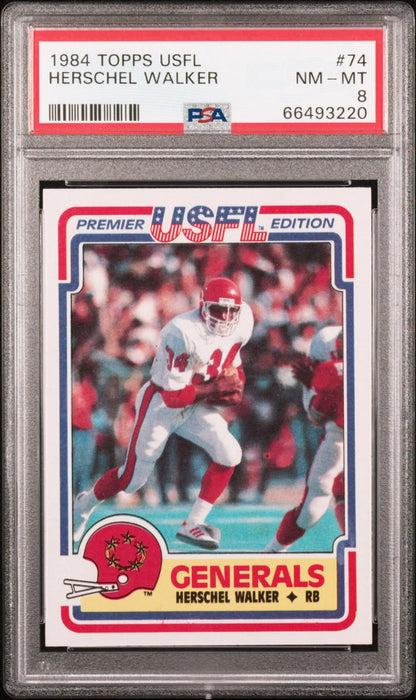 Herschel Walker 1984 Topps USFL #74 trading card PSA 8 Nm-Mint featuring New Jersey Generals