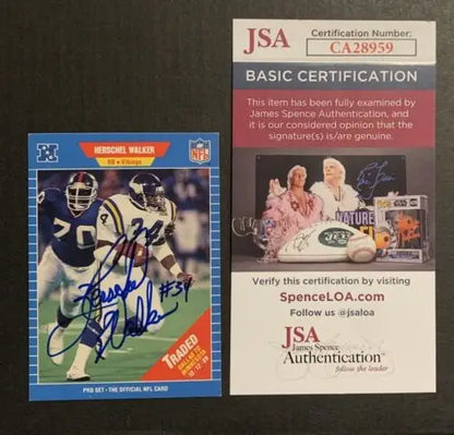 Autographed Herschel Walker 1989 Pro Set football card with JSA certification for Minnesota Vikings