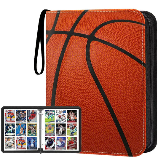 Basketball-themed card binder with card sleeves for football cards and baseball trading cards
