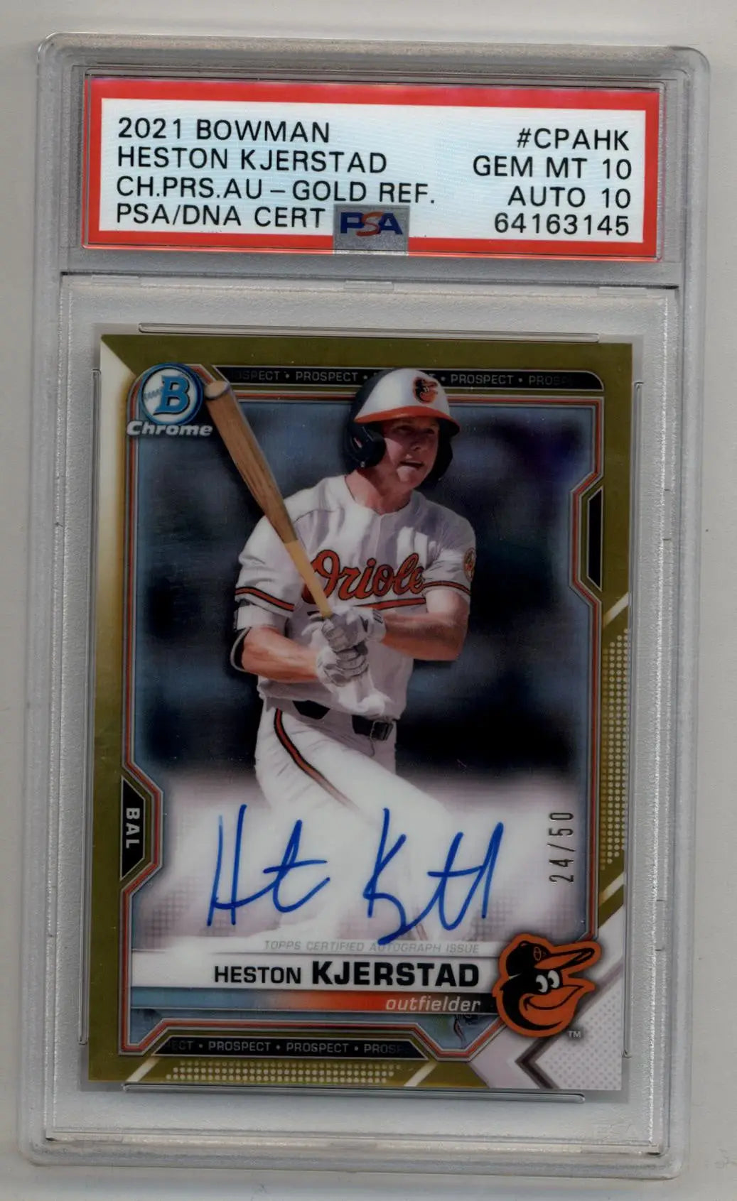 Heston Kjerstad 2021 Bowman Chrome Prospects Gold Refractor Auto24/50 PSA 10 Auto 10 - Singles