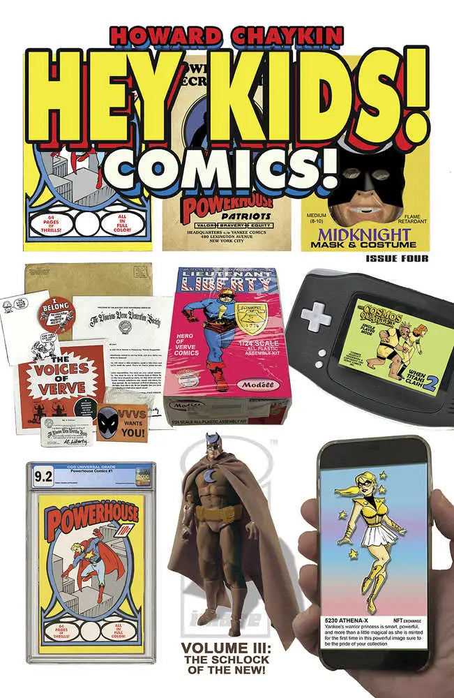 Comic book cover for Hey Kids Comics Volume 03 featuring trading cards and action figures
