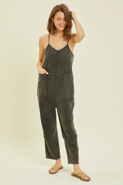 HEYSON Full Size Mineral-Washed Oversized Jumpsuit with Pockets - Black / S