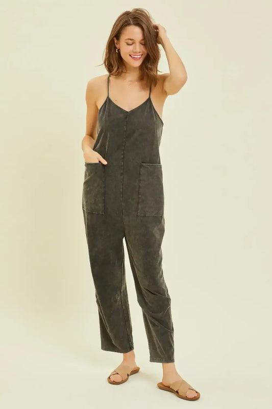 HEYSON Full Size Mineral-Washed Oversized Jumpsuit with Pockets - Black / S