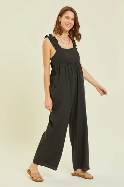 HEYSON Full Size Ruffled Strap Back Tie Wide Leg Jumpsuit - Black / S