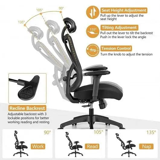 High Back Mesh Executive Chair with Adjustable Lumbar Support - Color:Black - Ergonomic Chairs