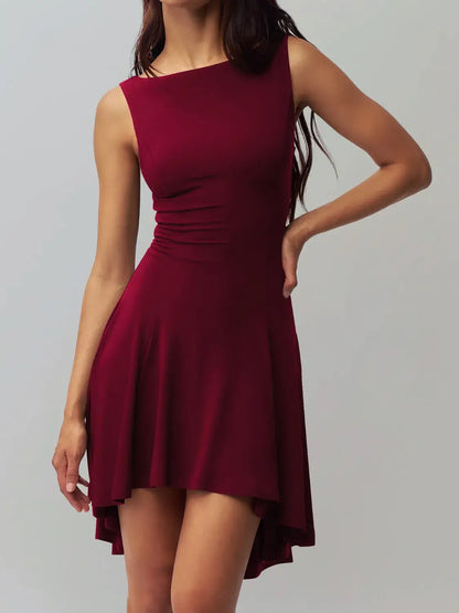High-Low Round Neck Sleeveless Dress - Burgundy / M - dress
