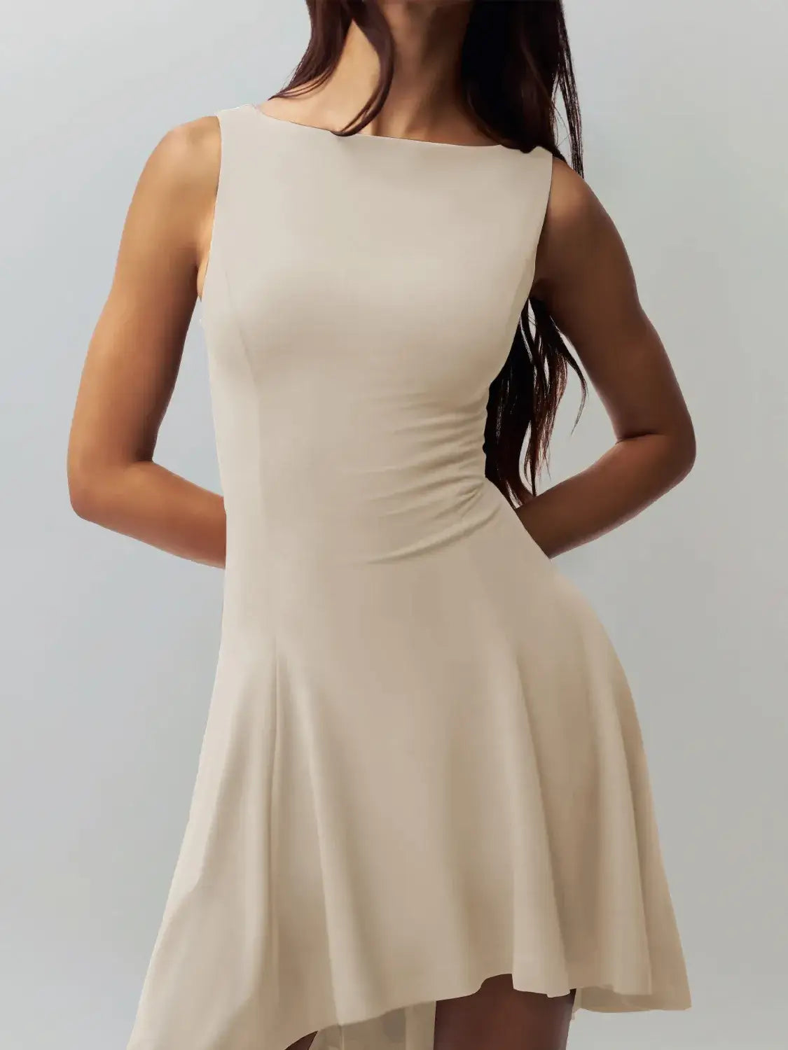High-Low Round Neck Sleeveless Dress - Tan / M - dress