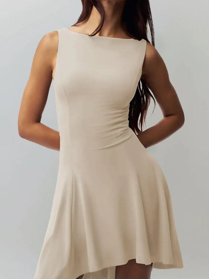 High-Low Round Neck Sleeveless Dress - Tan / M - dress