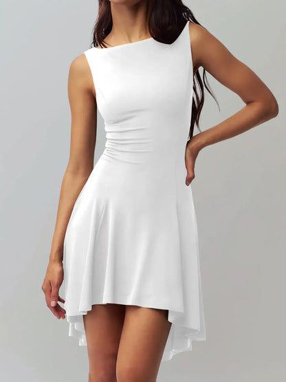High-Low Round Neck Sleeveless Dress - White / L - dress