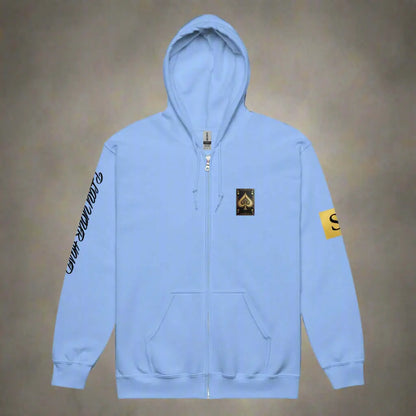 Light blue high stakes zip hoodie with spade graphic and text on sleeve for unisex style
