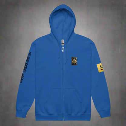 Blue high stakes zip hoodie with spade card patch and text on sleeve for unisex style