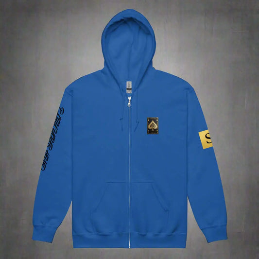 Blue high stakes zip hoodie with spade card patch and text on sleeve for unisex style