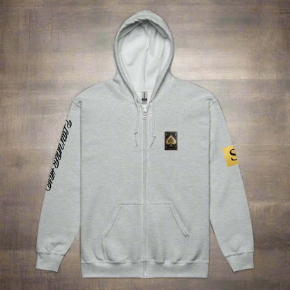Light gray high stakes zip hoodie with black ace of spades patch and PLAY YOUR HAND text