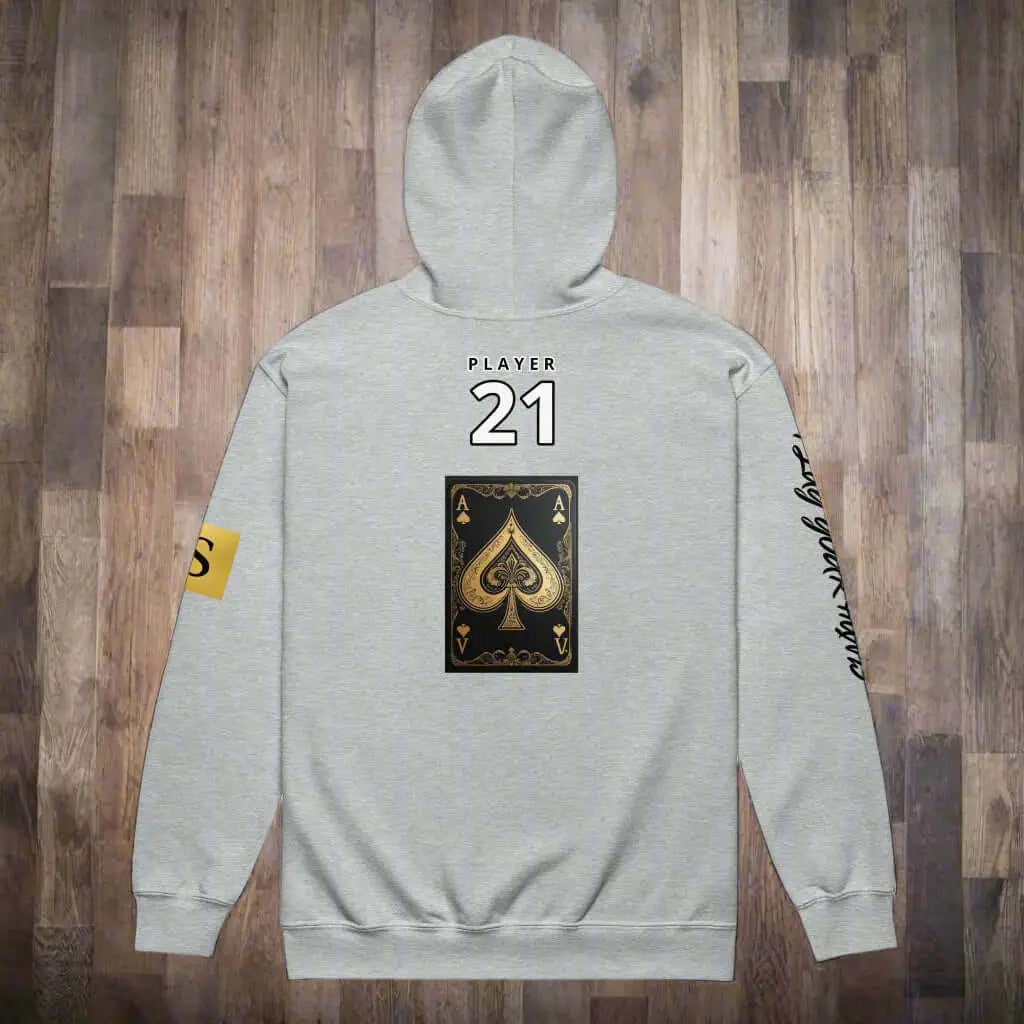 Light grey high stakes zip hoodie with ace of spades design, unisex heavy blend