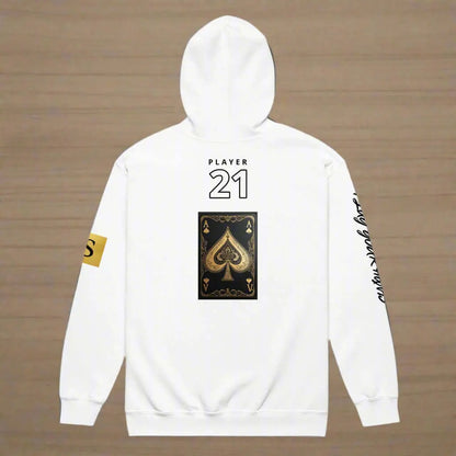 White hooded sweatshirt with playing card design, HIGH STAKES zip hoodie, unisex heavy blend
