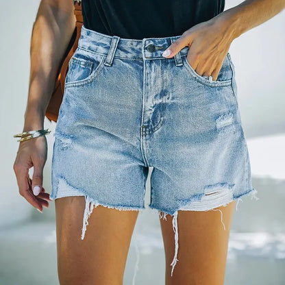 Light blue distressed high waisted ripped blue shorts with frayed hems for women
