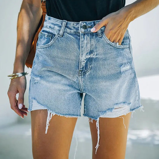 Light blue distressed high waisted ripped blue shorts with frayed hems for women