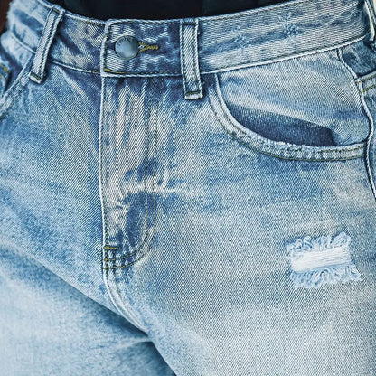 Light blue distressed denim high waisted ripped blue shorts with button closure and front pockets