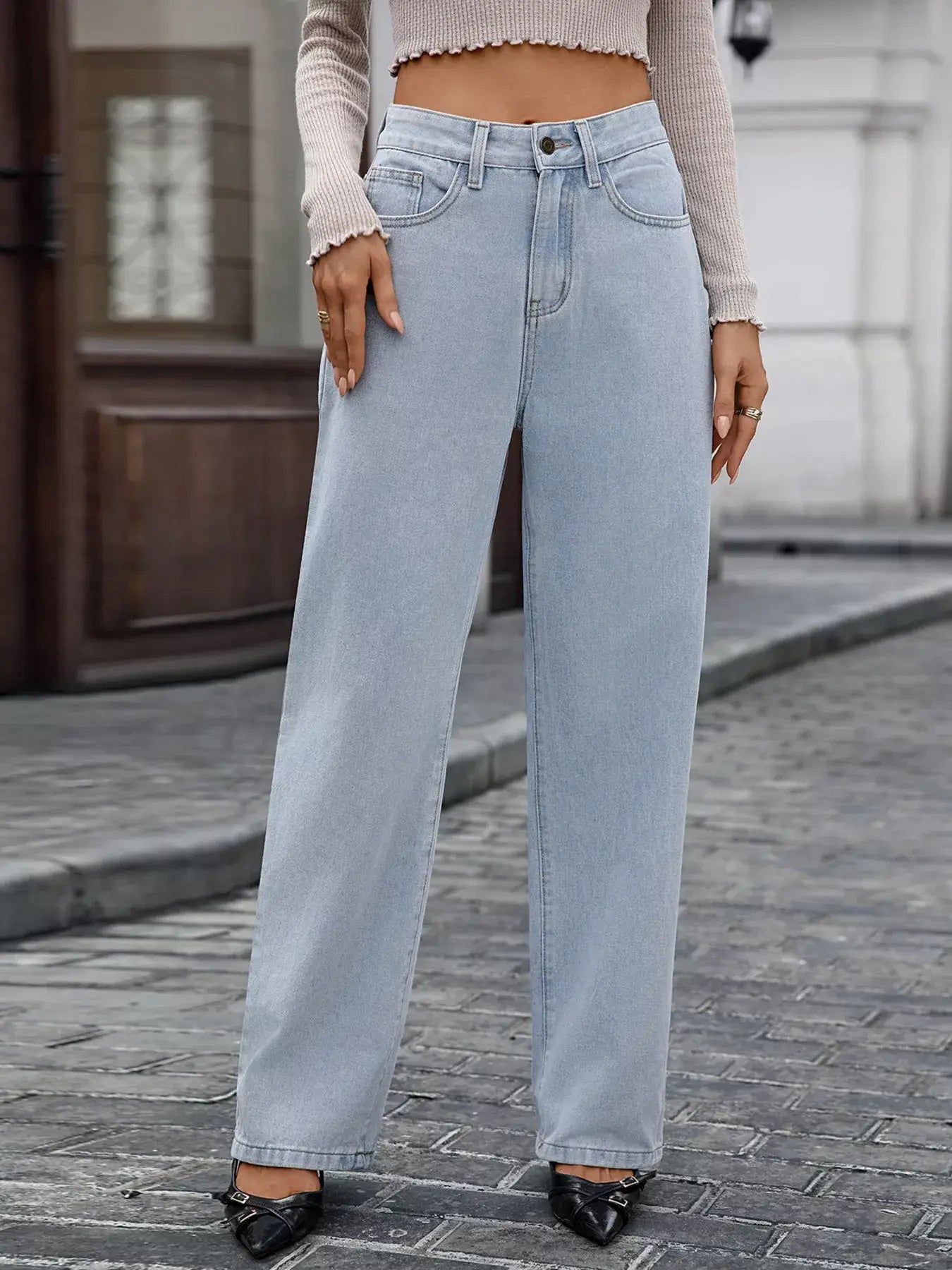 High Waisted Wide Leg Jeans - Light Blue / S