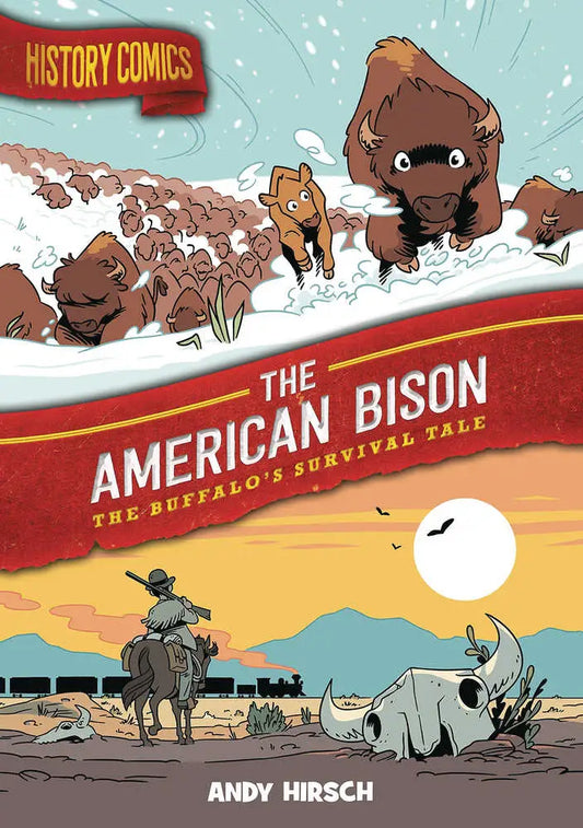 Comic book cover of American Bison herd in snow and cowboy with bison skull in desert scene