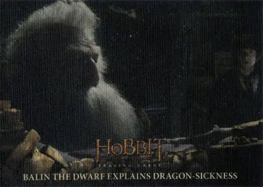 Bearded figure with white hair in dark setting on Hobbit trading card artwork