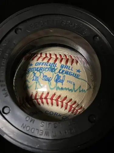 Signed HOF Auto Baseball in protective case featuring Koufax, Lyons, Grimes, Carew, Kaline, Snider, Killebrew