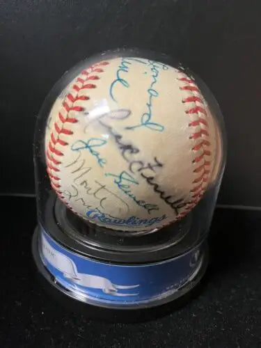 HOF Auto Baseball Signed by Koufax, Lyons, Grimes, Carew in display case