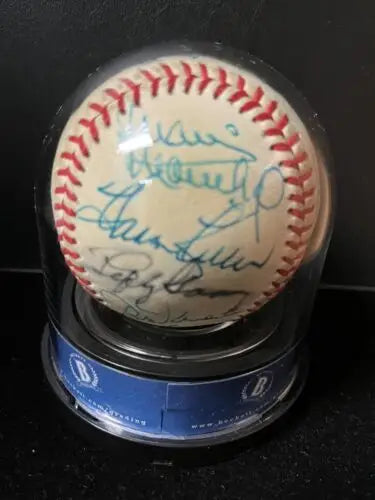 Signed HOF Auto Baseball in display case featuring Koufax, Lyons, Grimes, and more