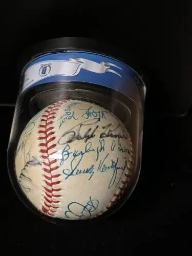 Autographed HOF Auto Baseball in display case featuring Koufax, Lyons, and Carew