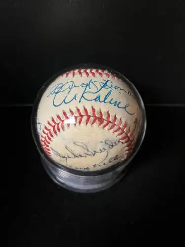 Autographed HOF Auto Baseball in display case featuring Koufax, Lyons, and others