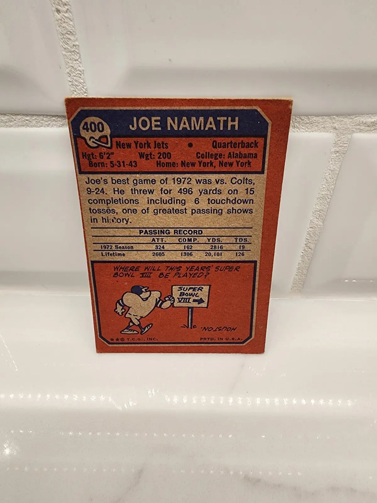 Vintage Joe Namath football card from 1973 Topps, showcasing the New York Jets legend